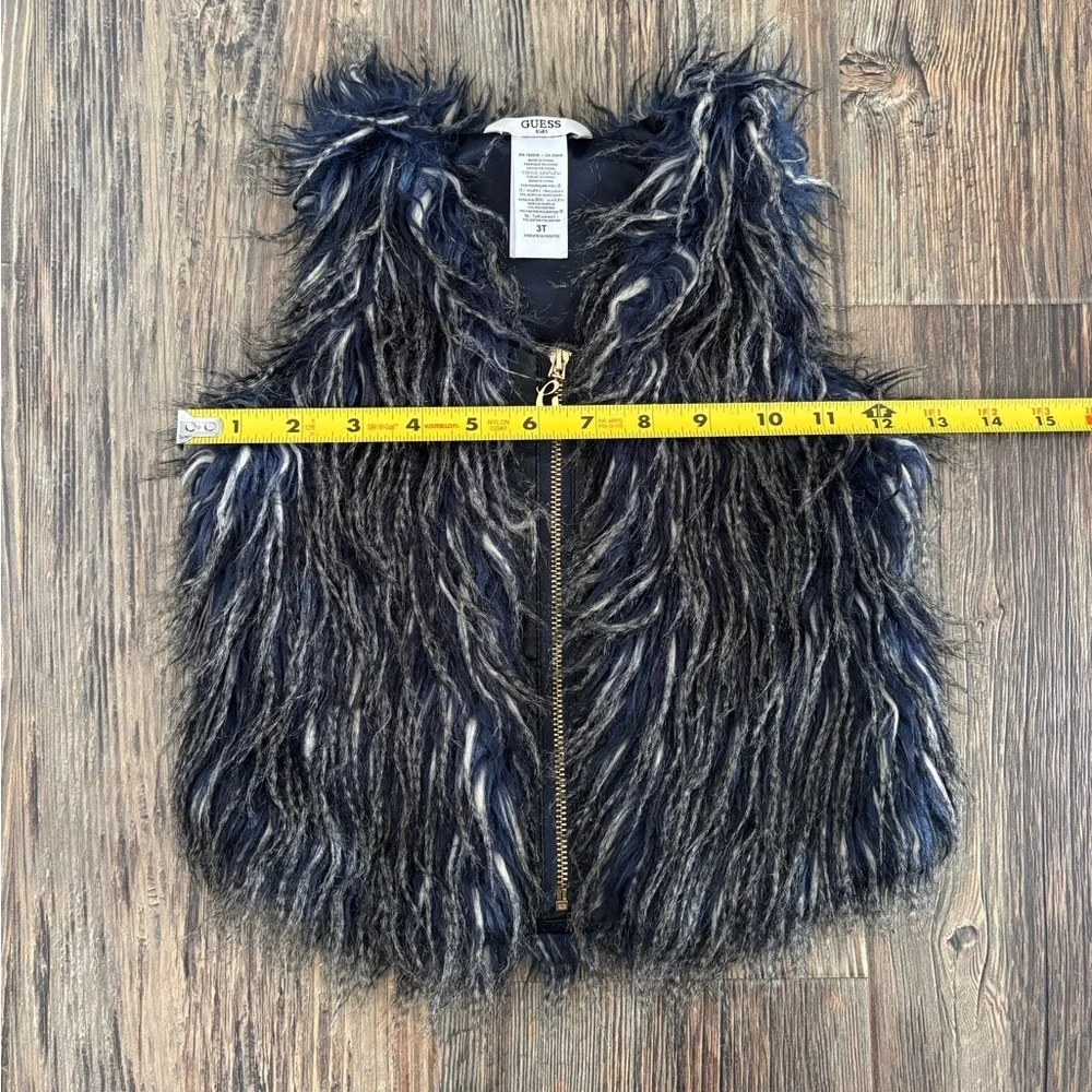 GUESS Kids Faux Fur Full Zip Vest Girls 3T Blue Tan Black Lined Logo Sleeveless